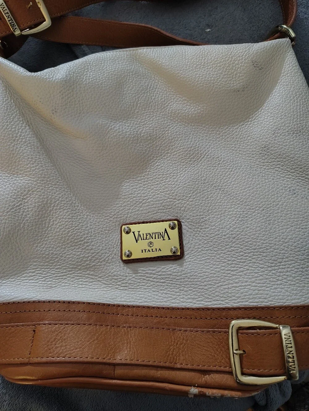 Valentina Cream and Brown Leather Shoulder Bag with Gold Plate